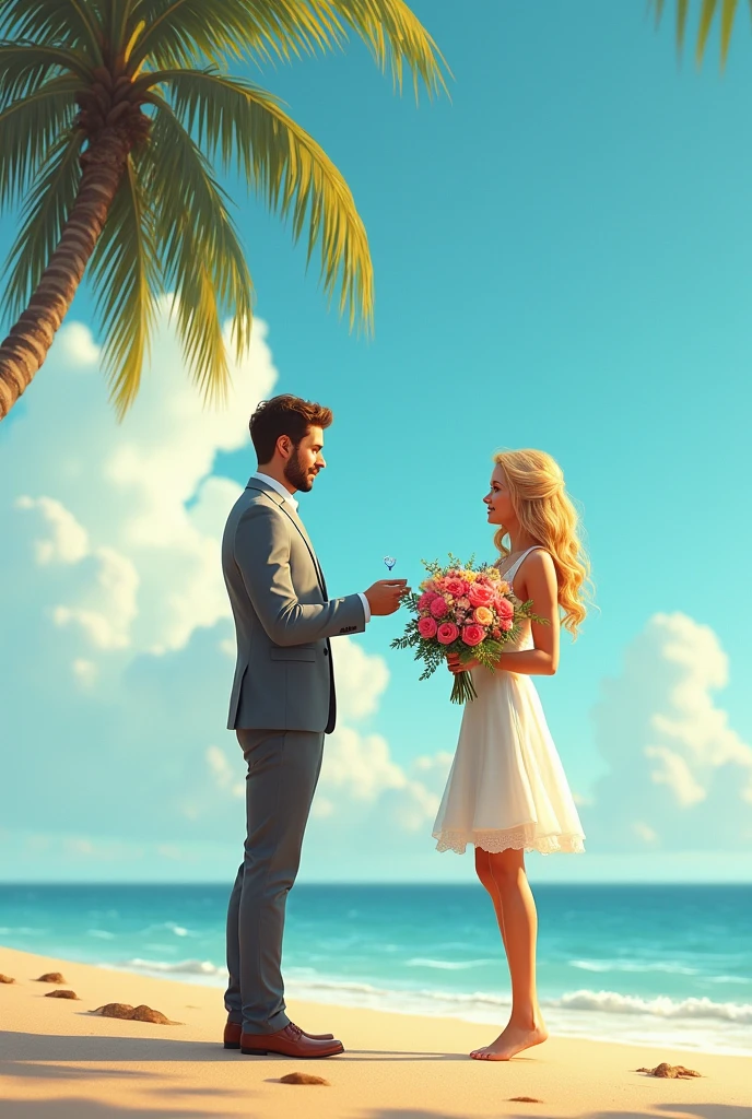 A man on the seashore proposes to a girl. around the palm tree ,Beautiful blue sky . A man stands with a huge bouquet of flowers and a ring. 