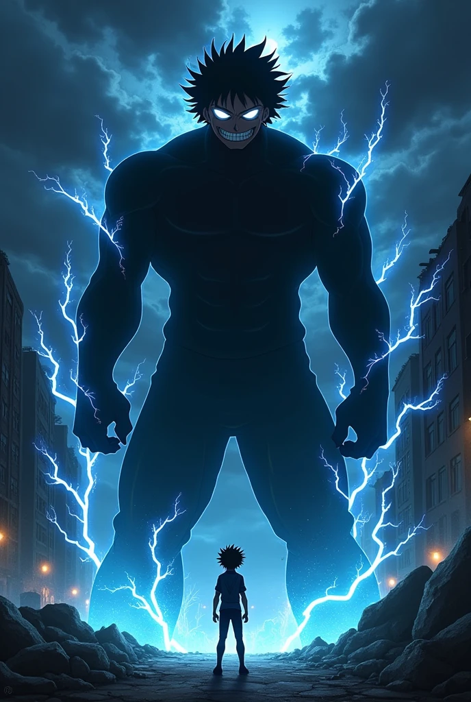 Create a completely black, mist-like anime-style demon surrounded by cyan-blue electrical energy, protecting a turquoise-haired Japanese boy