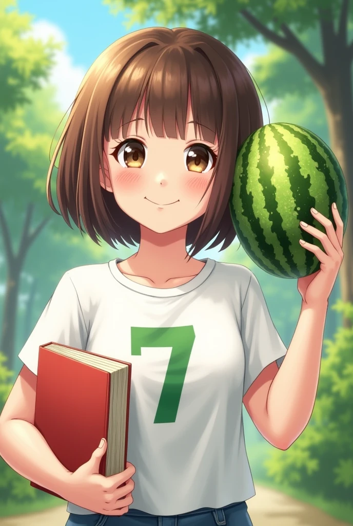 Bob Hair Brown Hair Girl He has a book in his left hand Holding a watermelon in his right hand He is wearing a white T-shirt with the number 7 written in green