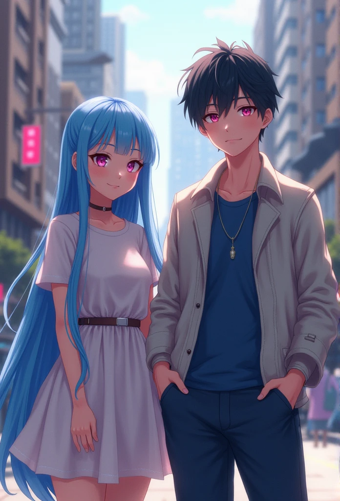 A cute model robot girl with long black hair, sitting on a large A, is wearing a shirt and jean shorts. Beside her is a handsome robot boy with white hair and green eyes, wearing a white shirt and jeans.
