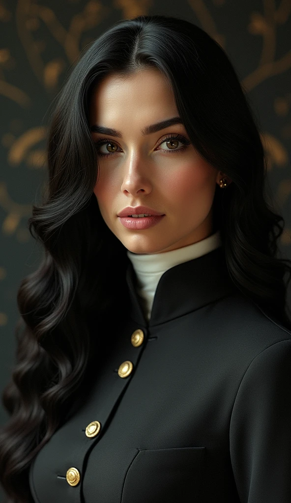 Hyperrealist portrait of Monica Bellucci by David Hockney and Alphonse Mucha, Fantasy art, Photorealistic, Dynamic Lighting, Art Station, Poster, Volumetric lighting, Highly detailed face, 4k yen, Awards,, One girl, In the Dark, Deep Shadow, Modest,Cowboy Shot, (Official attire:1.4) ,Long Hair, Black Hair