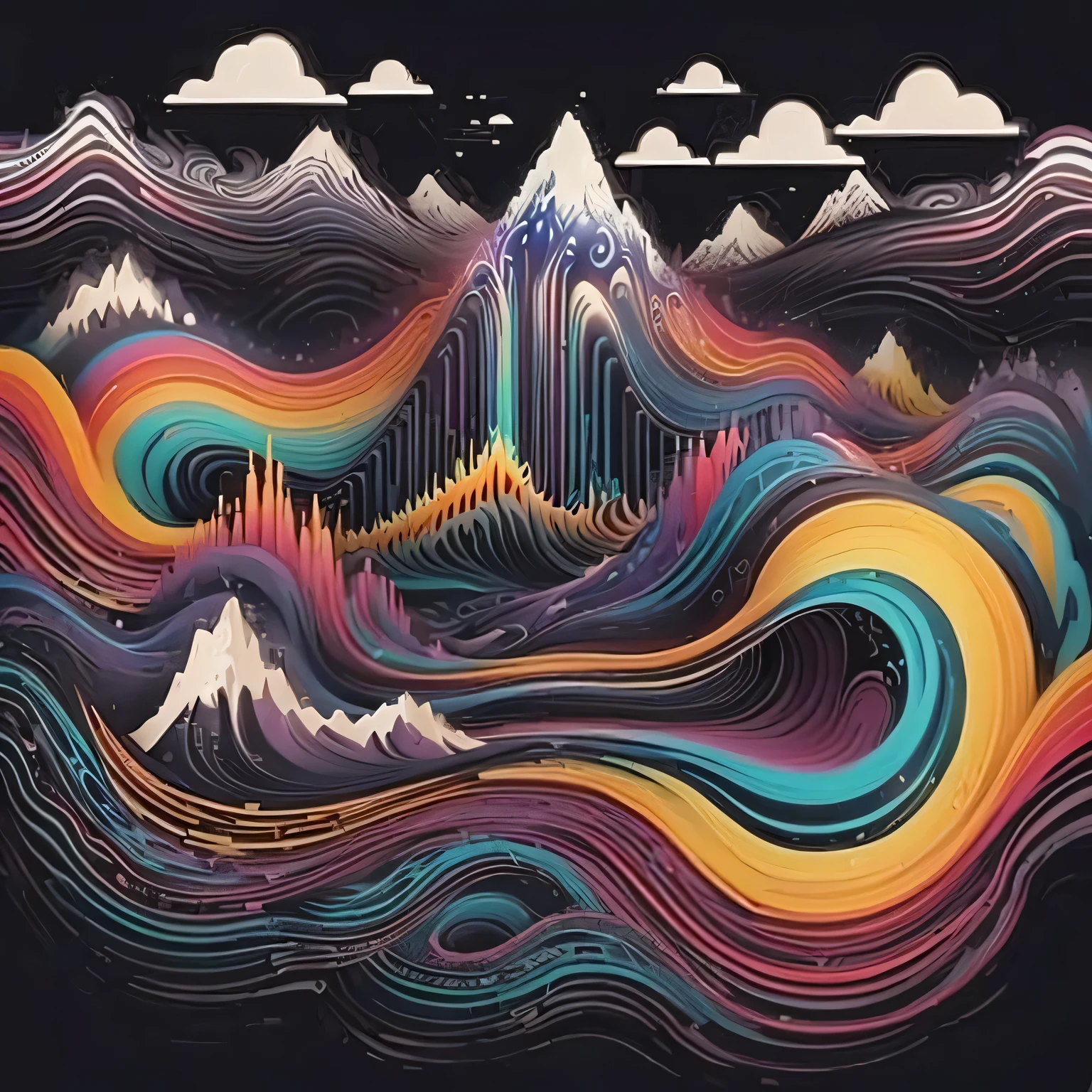 a black shirt with a mountain and waves in the background, Surreal psychedelic design, Psychedelic illustration, Ondas LSD, Psychedelic landscape, : psychedelic ski resort, psychedelic waves, infinite psychedelic waves, complex digital art, arte digital elaborada, psychedelic ski resort, psychedelic art style, dmt waves, intricate psychedelic patterns, intricate 3d illustration, complex digital painting, colorful illustration