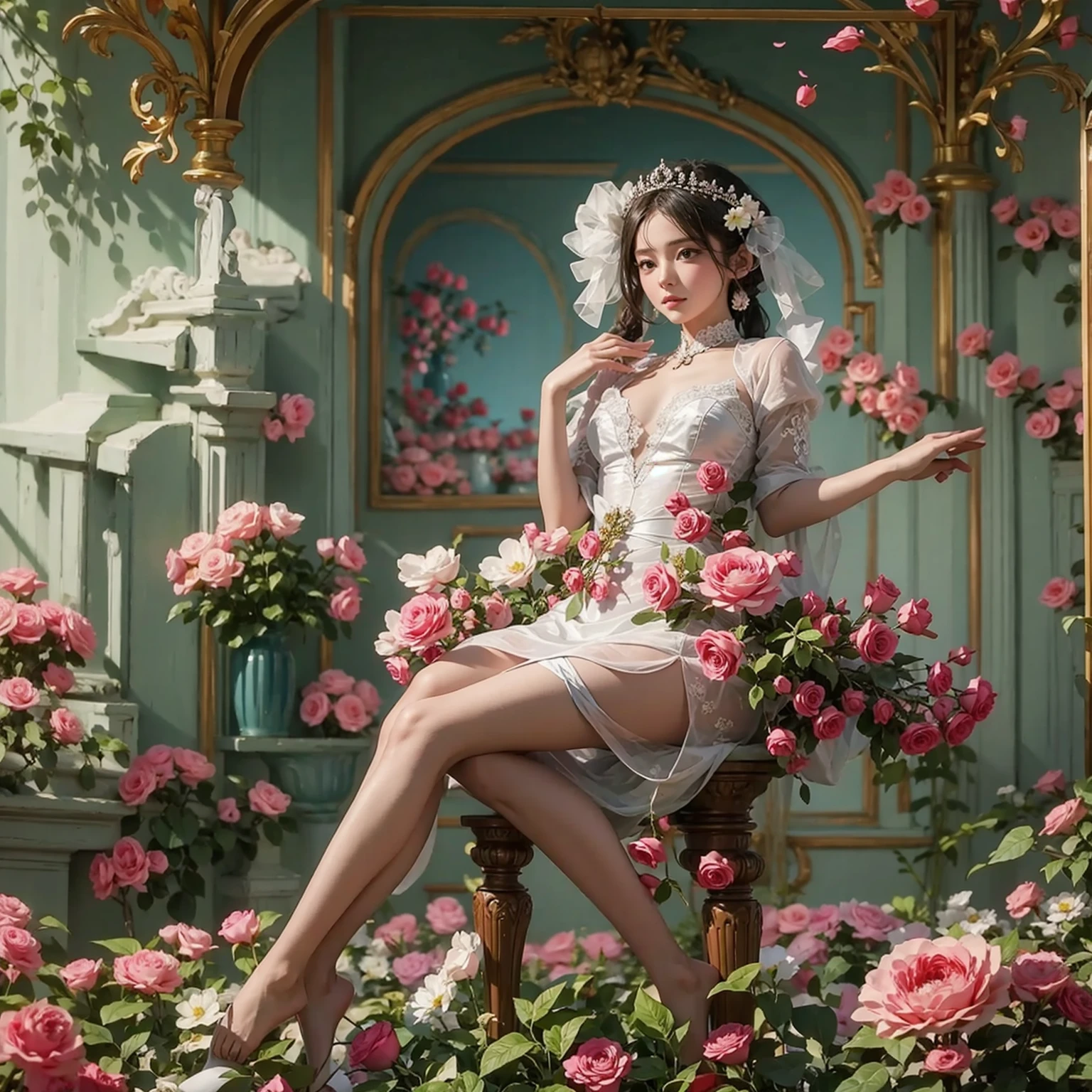 8k, detailed skin, she have mucho roses and stand in onde beautifuk garden