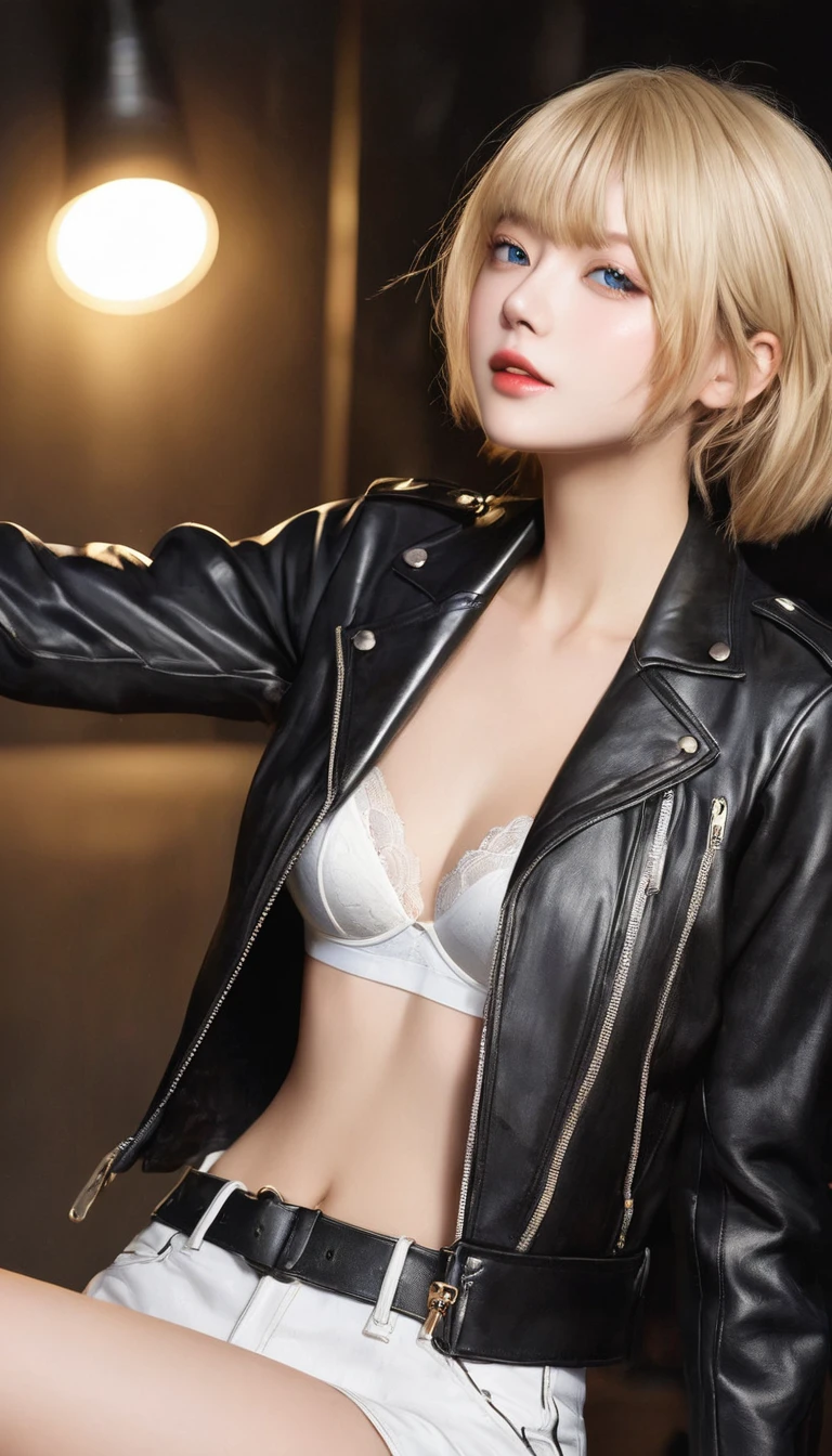 Highest quality、masterpiece、(((Black leather jacket:1.37、Black leather jacket、Black jacket)))、break、angle above the knee、Beautiful and fair、Glowing Skin, 3 Up, Nice, bright, Refreshing and gentle look, Perfect beautiful face、Blonde Short Hair,Beautiful shiny bangs, Very beautiful girl, eyeliner, so perfect and beautiful、Sky blue eyes,Small breasts,The original skin is visible through the grooves、break、(((White Latex Bra:1.37、タイトなWhite bra、White bra))),break、(((American Bike、Harley-Davidsonのモーターサイクル)))、nice、Dim lighting、Black Wall、Spotlight