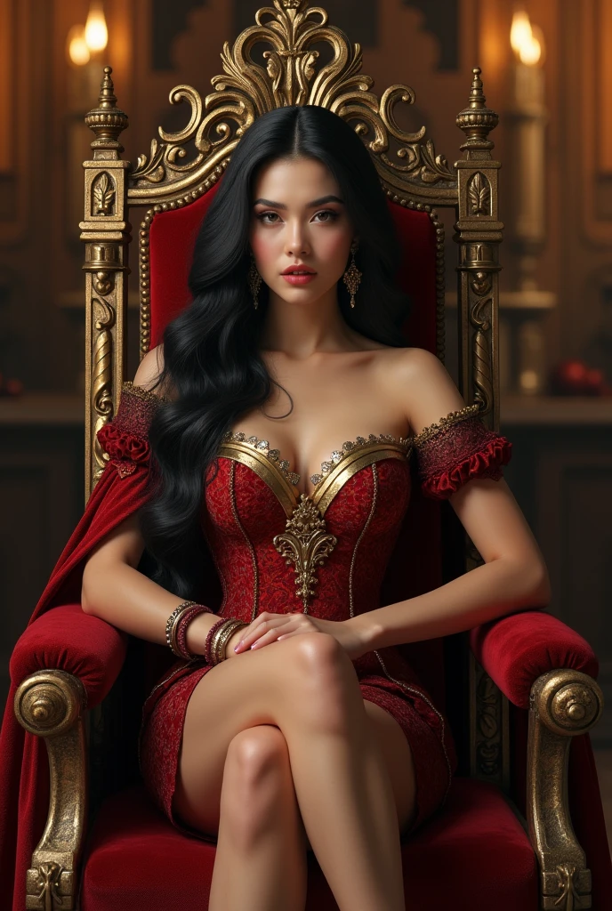 Modern Queen on red throne playing chess have queen in Hand