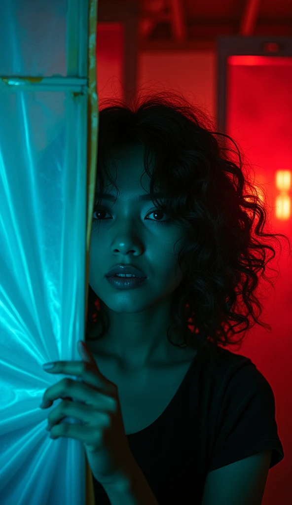 35 year old unattractive Malaysian women, black curly hair, HD hyperrealistic portrait photography, lit from behind with a blue neon industrial lamp, the model is behind an old plastic broken translucent that occupies the entire image, looks through a curtain made of very old and dirty yellowed PVC strips,movie aesthetic, the background is the interior of an industrial warehouse without artificial light, very dark, illuminated by red neon lights, candid