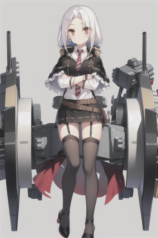 Vittorio_Veneto \(warship girls r\),((masterpiece)),(((best quality))),((ultra-detailed)),((illustration)),((disheveled hair)),((frills)),(1 girl),(solo),1girl, belt, black legwear, black skirt, blush, buttons, cannon, capelet, chain, closed mouth, collared shirt, crossed arms, dress shirt, garter straps, gloves, gradient, grey legwear, jacket, long hair, looking at viewer, machinery, miniskirt, multicolored clothes, necktie, pencil skirt, red eyes, rigging, shirt, shoes, skirt, solo, standing, striped necktie, thighhighs, turret, white hair, white shirt