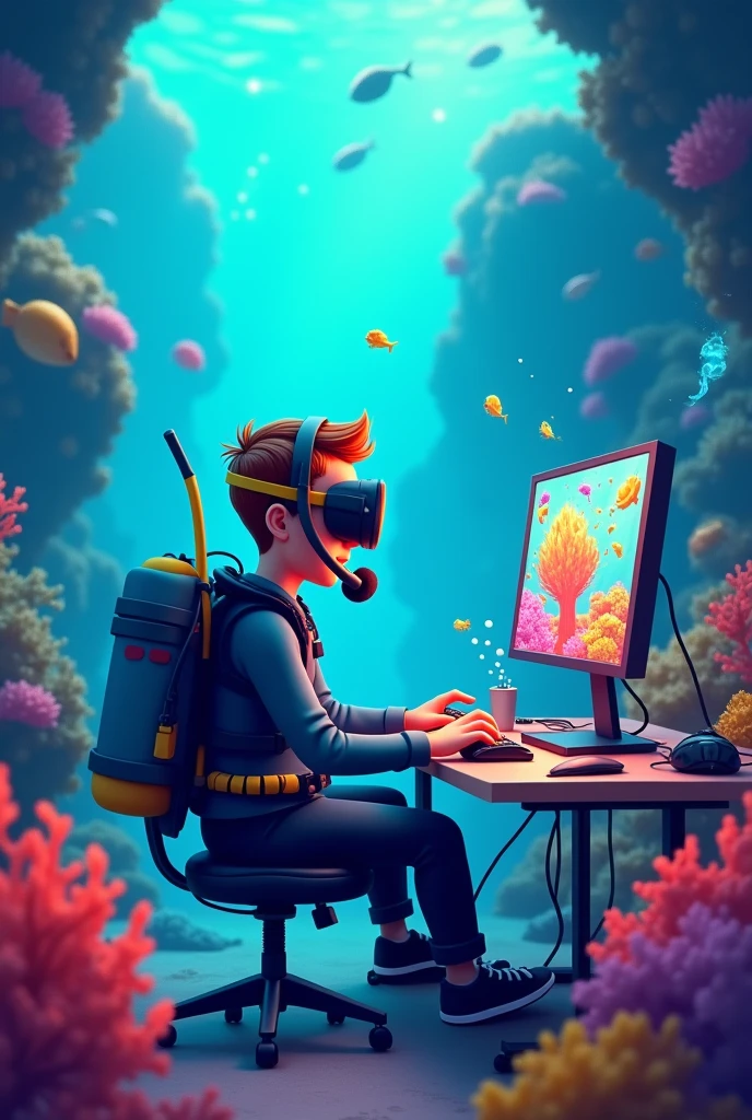 A man playing roblox im computer while scubadiving, cartoon, 3d
