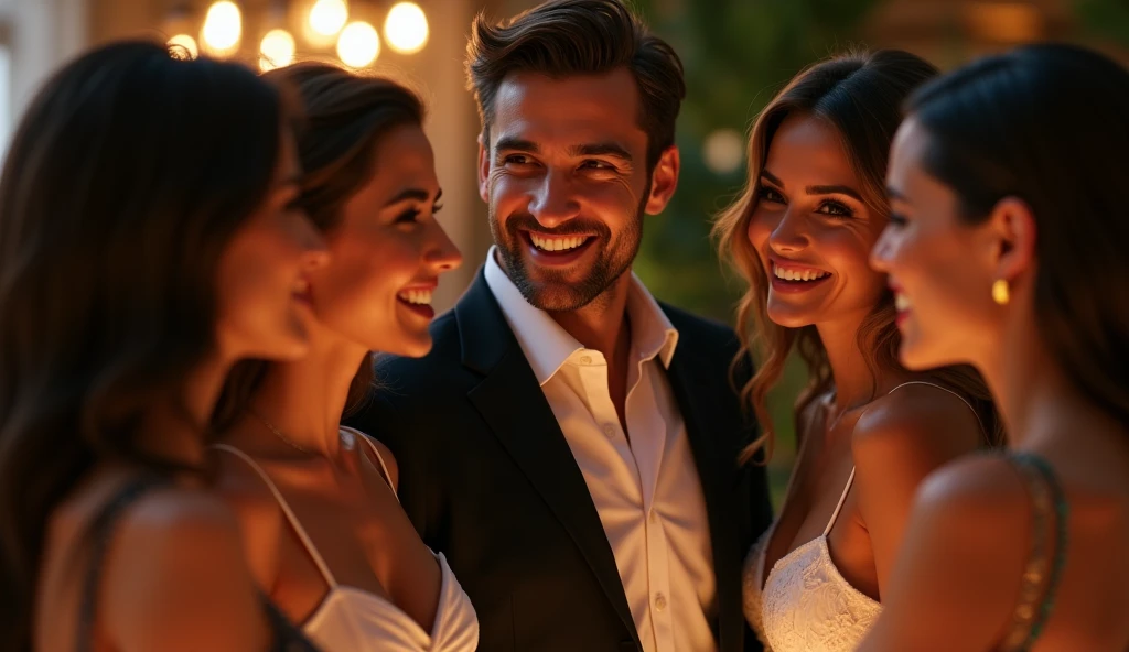 Charming 1 man talking to a lot of beutiful woman with a smile