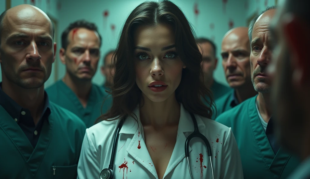 a female doctor being harassed by cruel  hospital, blood everywhere, all eyes on kolkata, beautiful detailed eyes,beautiful detailed lips,extremely detailed eyes and face,longeyelashes, 1 female doctor, 5 cruel men, hospital, blood, realistic, photorealistic, photo-realistic:1.37, best quality,4k,8k,highres,masterpiece:1.2,ultra-detailed, vivid colors, dramatic lighting, intense atmosphere, dark and gritty, horror, digital art