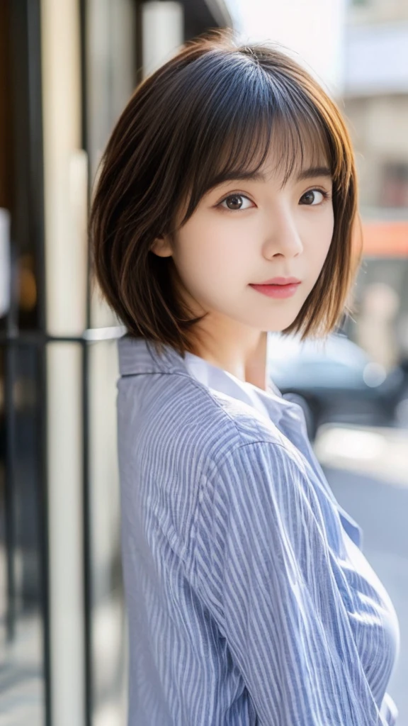 Highest quality、Japanese women、世界一beautifulな美人、beautiful、cute、Brown bob cut hairstyle、Small face、肌がbeautiful、Large breasts、Reality Stick、Blank look、Blue striped shirt