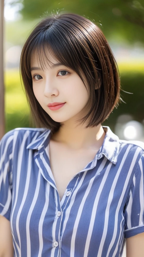 Highest quality、Japanese women、世界一beautifulな美人、beautiful、cute、Brown bob cut hairstyle、Small face、肌がbeautiful、Large breasts、Reality Stick、Blank look、Blue striped shirt