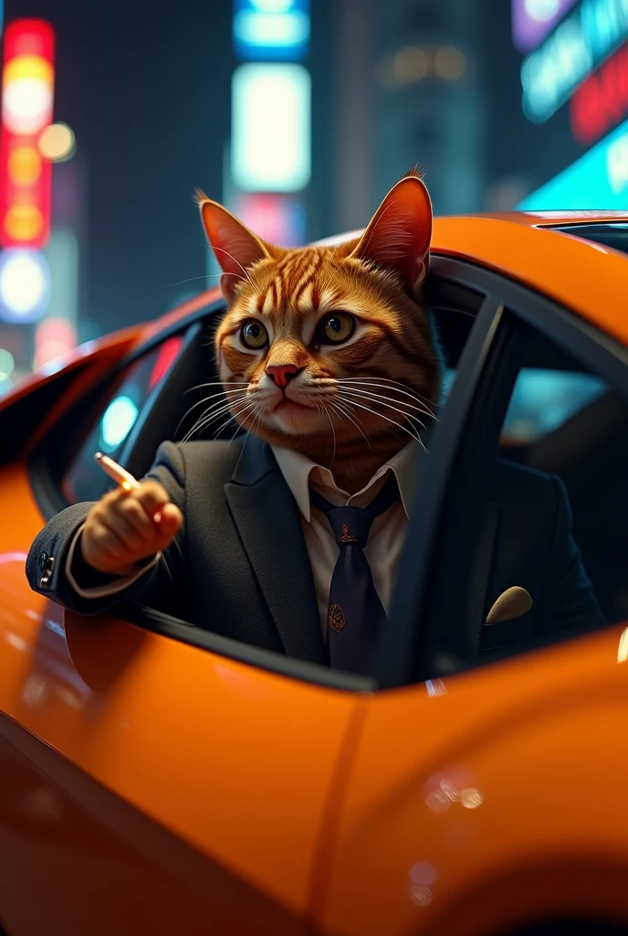 Vue de profil d'un beaux chat gangster a travers la fenêtre d'une Lamborghini ruvuelto, dans lequel il allume une cigarette dans une main ,  dans une ville lumineuse, dans la nuit
