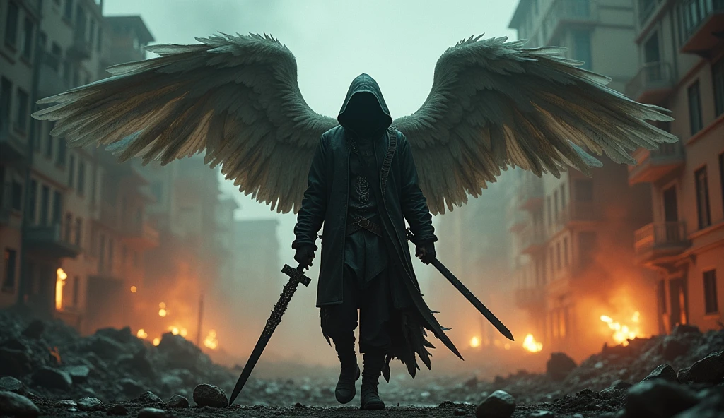 realisitic, 4K, A fallen angel with big wings, a sword, electric guitar in his hand, a hood over the head in the background image of a war in the city at night (haos)