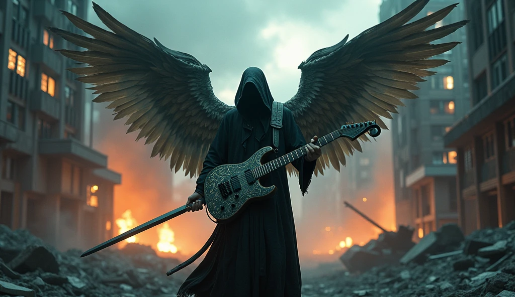 realisitic, 4K, A fallen angel with big wings, a sword, electric guitar in his hand, a hood over the head in the background image of a war in the city at night (haos)