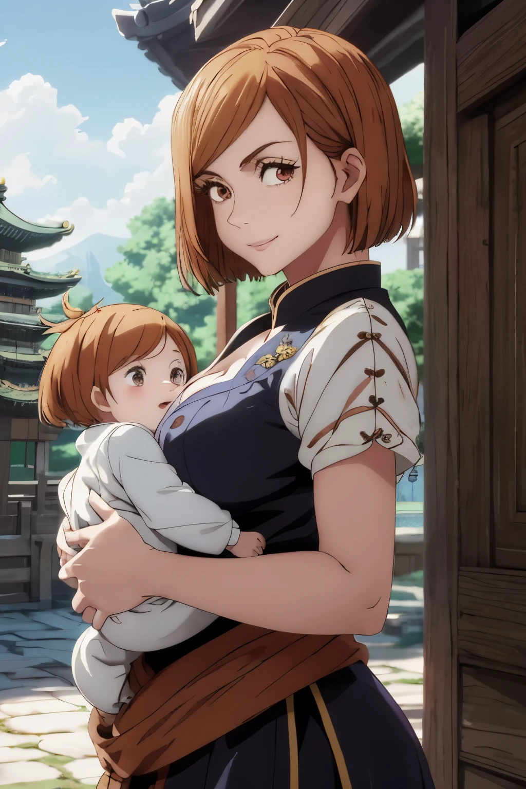 {{masterpiece, best quality, Nobara,extremely detailed CG, unity 8k wallpaper, cinematic lighting}}, traditional Chinese ink painting, 1girl, 1baby, young woman holding a , full body, ancient architecture, blue sky, sunny day, wooden architecture, prominent protagonist, smile, big eyes, beautiful detailed eyes, (big breasts, cleavage), round ass, looking at the audience, long eyelashes,