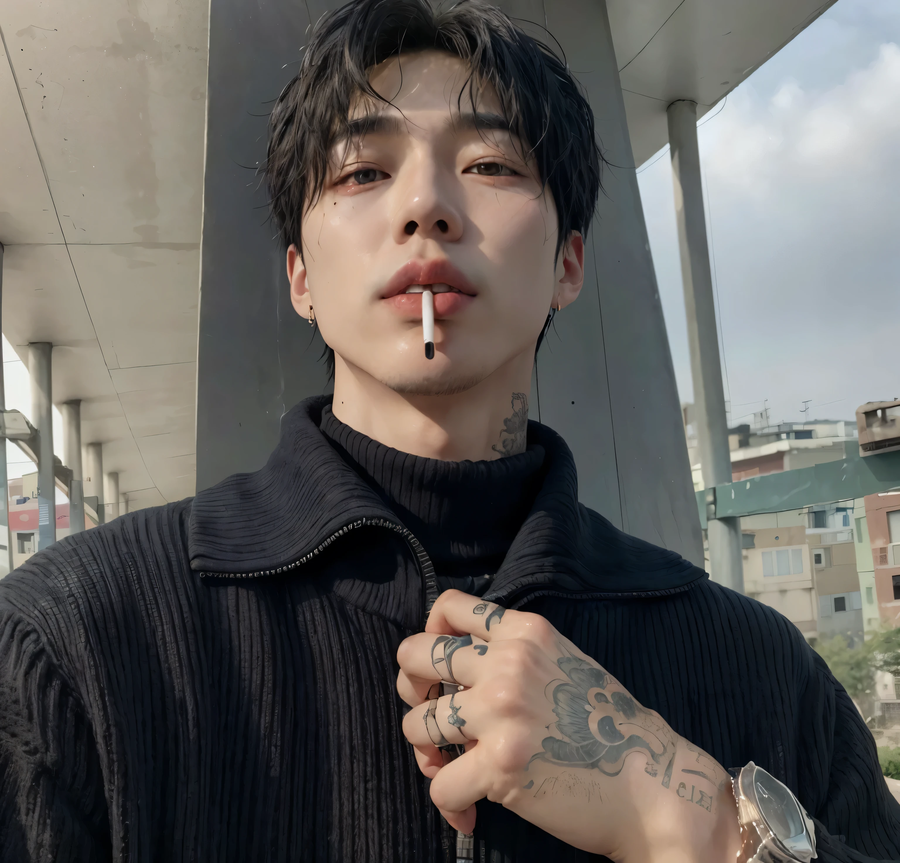 Smoked man with a cigarette in his mouth and a tattoo on his arm., Kim Doyoung, Hyung Tae, smart ulzzang, jungkook, South Korean man, inspired by jeonseok lee, hong june hyung, Cai Xukun, Yanjun Chengt, Korean artist, Taejin Kim, with cigarette, Hyung Tae kim, They are smoking a cigarette