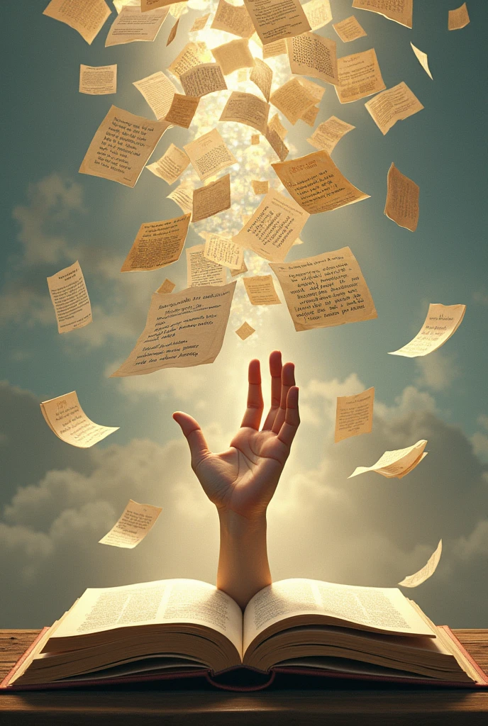 Image of an open book, with several pages flying around, all containing loose and free words, without chains or restrictions. No fundo, a hand extended towards the book, symbolizing the fight for freedom of expression and the dissemination of knowledge through words.