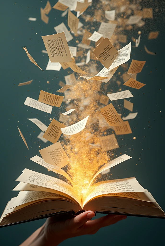Image of an open book, with several pages flying around, all containing loose and free words, without chains or restrictions. No fundo, a hand extended towards the book