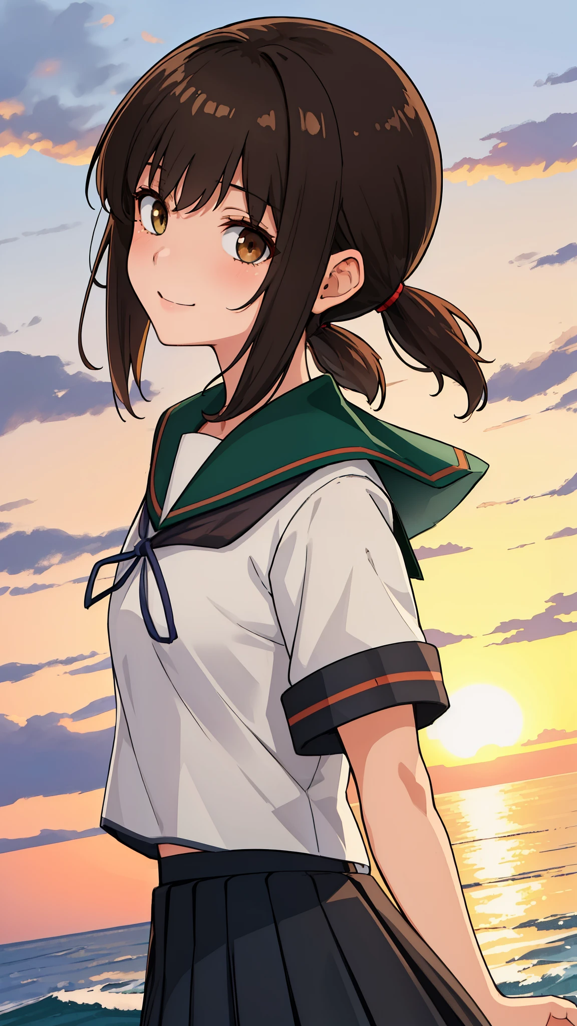 (masterpiece, best quality:1.2),illustration,8k,HD,Seaside,Sunset sky,1girl,solo,brown eye,upper body,(portrait:1.2),black_hair,short_ponytail,white seraph,sidelocks,low_ponytail,green_eyes,smile,black_eyes,school_uniform,pleated_skirt,skirt,