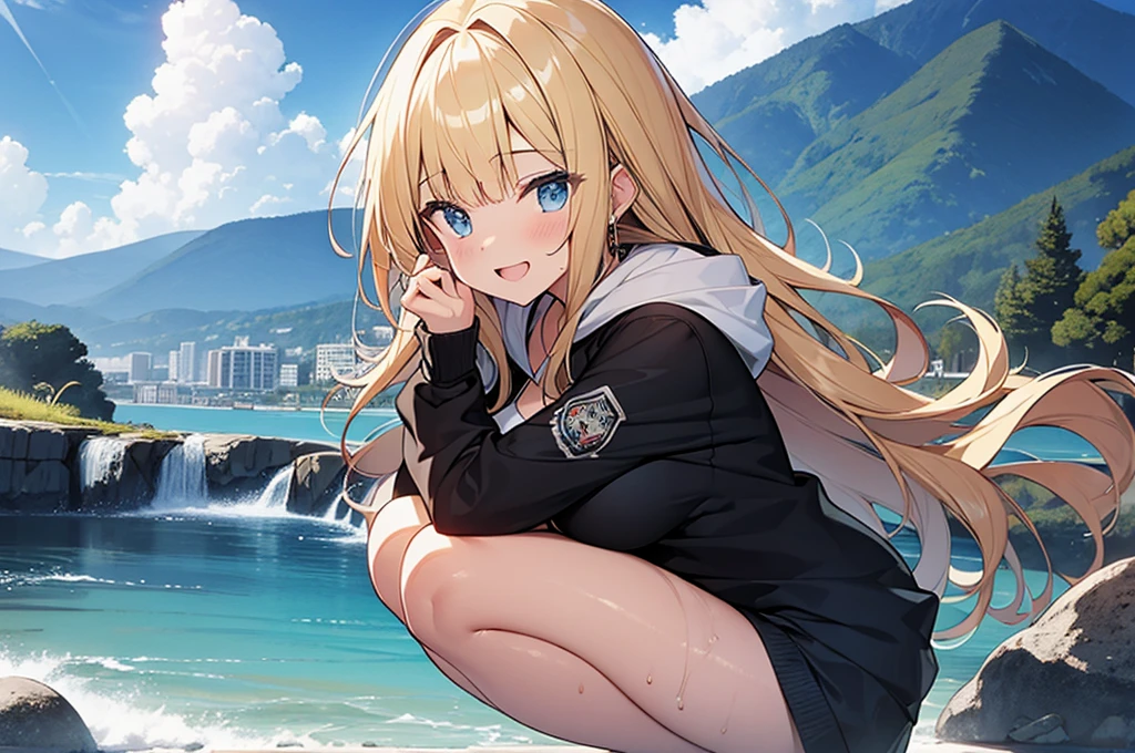 (Masterpiece, Top quality:1.5), nsfw, from side:1.2, (1 beautiful girl, solo:1.2), squatting down, (Blonde:1.3), medium Hair, wavy Hair, asymmetry bangs, swept bangs, airy hair, (large breasts:1.2), 14 year old,  (hoodie, bikini :1.3), smile:1.3, blush, beautiful scene of seaside, magnificent panorama view, blurry background open mouth, wet