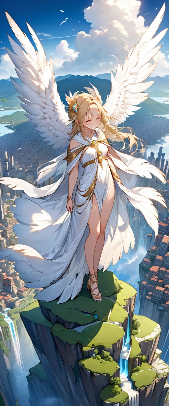 flat chests, nsfw, masterpiece, 1 girl, erect nipples, intricately detailed, topless, navel, bare shoulders, necklace, blonde, long hair, white skirt, angel wings, flying, extremely detailed, photorealistic, octane render, 8 k, unreal engine, bare breasts, puffy nipples, blue eyes, extending hand, sky, fantasy, enchanted, angel, bare stomach, sweaty breasts, flat chest, arm strap, full body, halo, wings, feathers, light, smiling, outdoors, bangs between eyes, hair ornament, white sarong, gold thigh strap, landscape, mountains