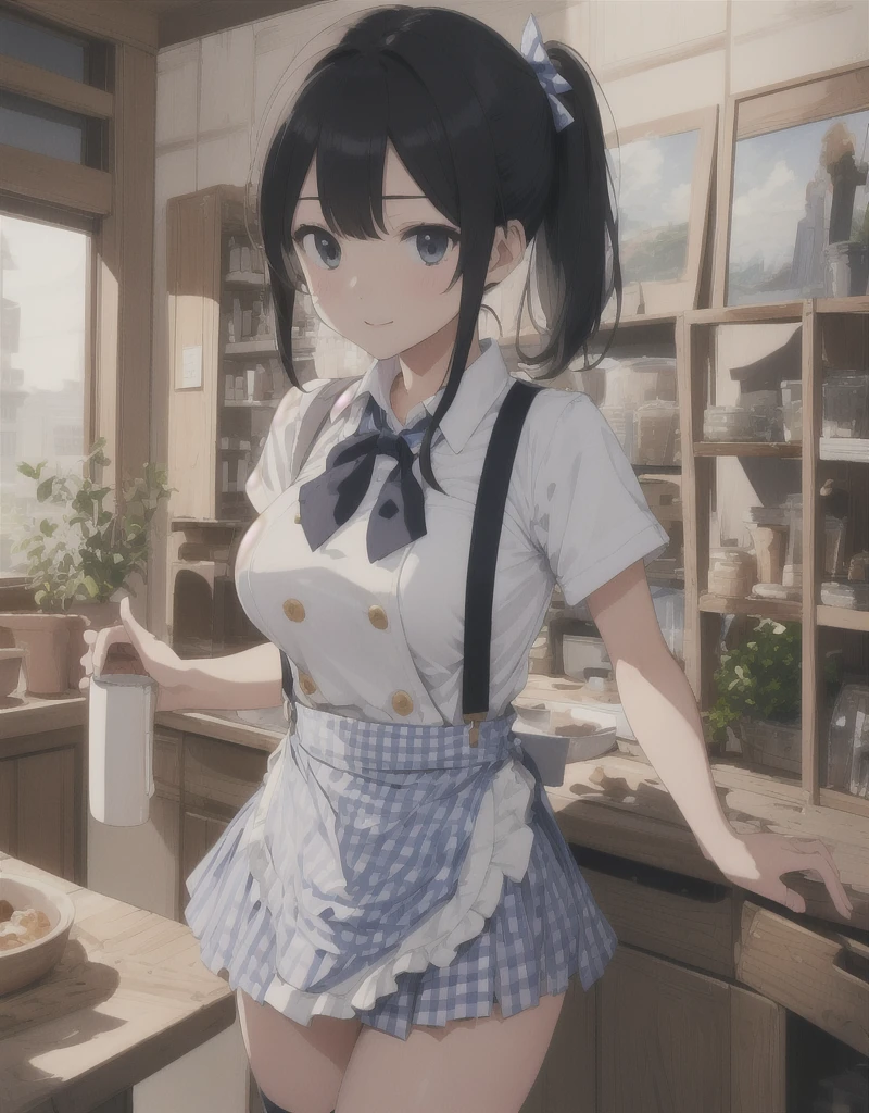 (anime), ((extremely detailed 8k illustration)), highres, (extremely detailed and beautiful), ultra detailed painting, professional illustrasion, Ultra-precise depiction, Ultra-detailed depiction, (beautiful and aesthetic:1.2), HDR, (depth of field:1.4), professional illustrasion, 
A coffee shop in the cooler fall weather., 
Today, too, I enter the store in search of my morning cup of coffee., 
A girl in a uniform welcomes me again today., 
(girl), (), (highly detailed beautiful face and eyes,big breasts firm breasts), oily skin, ((black hair,black eyes,short bob with short pony tail hair)), thin pubic hair, cute, lovely, , (kobeya uniform:1.3), (gingham-check suspender-apron:1.3), (solid-blue high-waist skirt:1.3), (apron over skirt:1.2), (white blouse:1.3), (double-breasted,underbust:1.2), short sleeves, button gap, (solid-blue bow-tie:1.2), smile, looking at viewer,