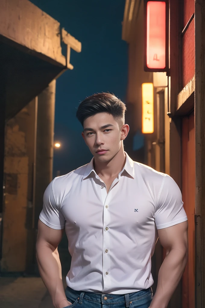 (armface:1.3) , Handsome young man standing, (have a mustache:0.8) , (short hair:1.2), The forearms are muscular., (Collared shirt with buttons:1.2), (white shirt:1.2),Jeans, Big muscles, Handsome and muscular, full body angle, (The front of an old building:1.1), , (nighttime:1.3), Neon lights