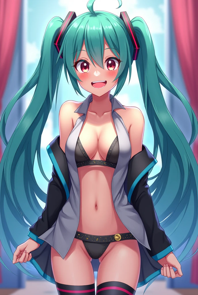  hatsune_miku absurdres highres 1girl aqua_eyes aqua_hair bikini black_thighhighs borrowed_design breasts collar_bikini_miku_(meme) detached_sleeves hair_between_eyes hair_intakes hand_in_own_hair long_hair medium_breasts meme navel necktie stroking_hair swimsuit thighhighs train_interior twintails underboob nipples sex