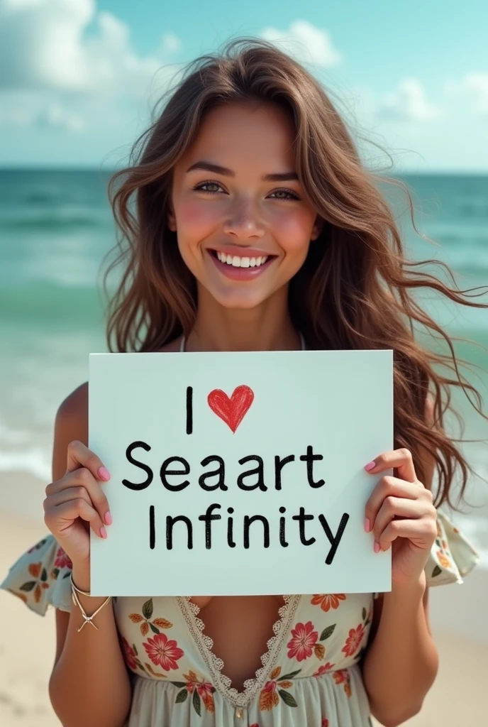 Beautiful girl with wavy long hair, bohemian dress, holding a white board with text "I Love Seaart Infinity" and showing it to the viewer
