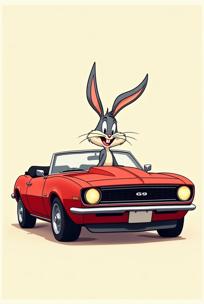 Bug Bunny sitting in a red Chevrolet Camaro