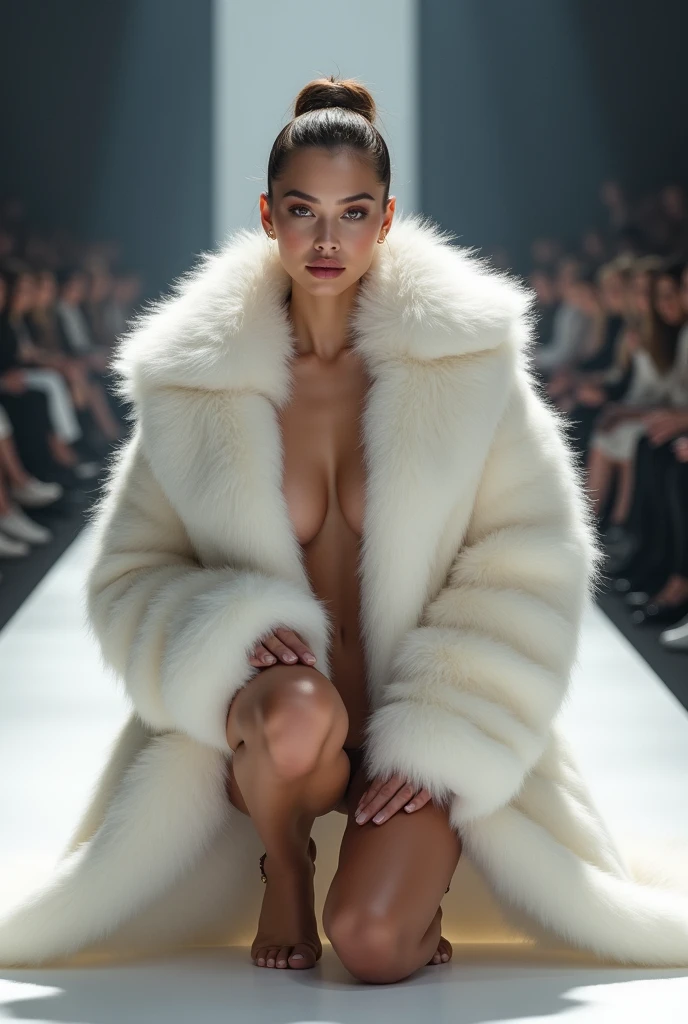 Very wide、Very thick, white mink fur coat, Thickness 100 cm, fluffy, Thick white mink fur collar, 3 floors、(Fur fashion show)、garter belt、naked、(Catwoman)、High ponytail、(Very large breasts:4.1)、naked、(Squat down and spread your legs wide)
