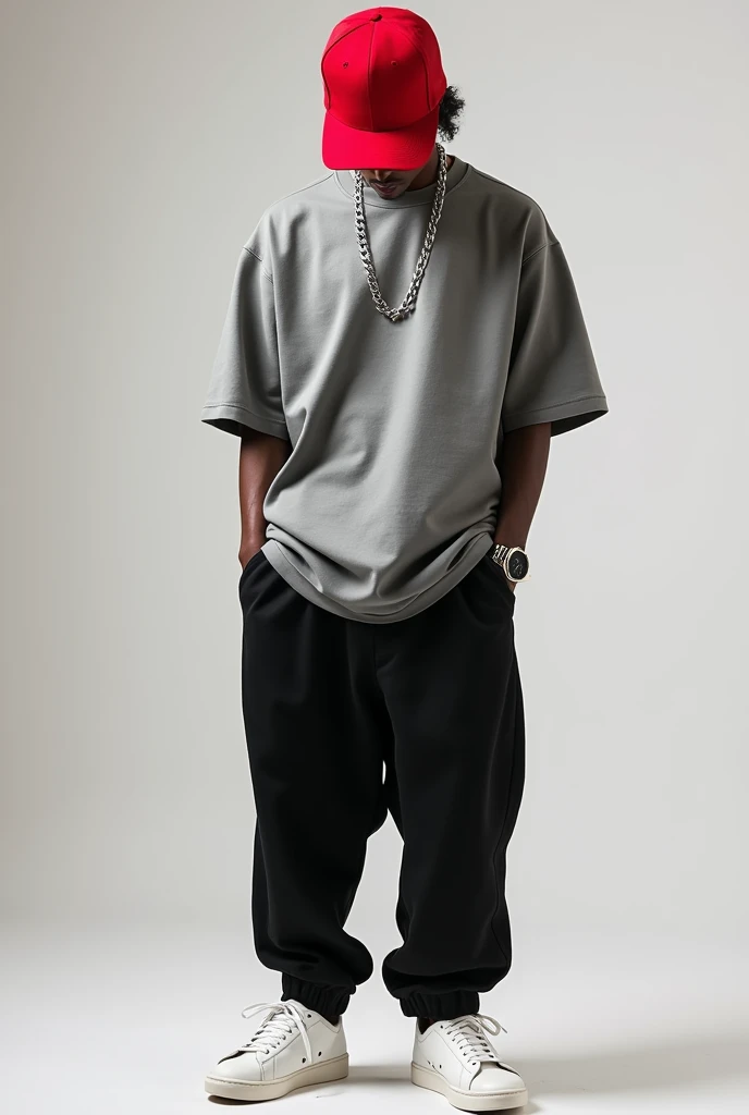unknown character wearing streetwear, red cap, gray relaxed oversize t-shirt, black relaxed fit pants, white shoes, with accessories like a watch and some chains