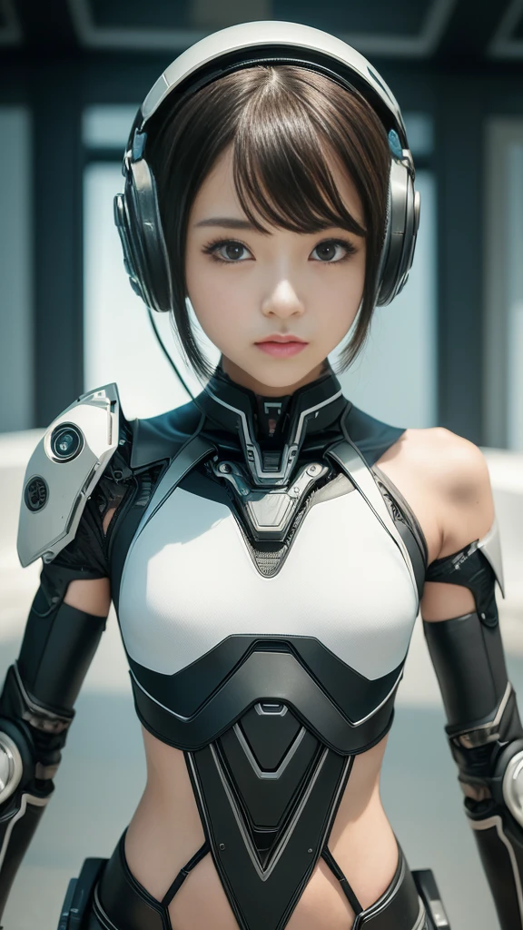 NSFW,((top-quality、in 8K、masterpiece:1.3))Wearing a silvery-white mech,Girl with a delicate face,The highest image quality,ultraclear,Facial features are delicate and clear,Armageddon,machine arms,exquisitedetails,(cammel toe)、Mechanical pattern,cyberpunked、Cyber City、digital、Century、tron