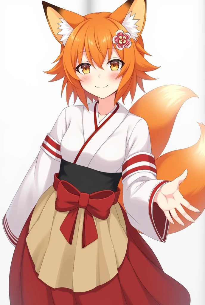 Draw me a beautiful girl with fox ears and a tail with orange hair, dressed in a white kemano with red stripes along the sleeves with a red long skirt and a beige apron on top of all the clothes, the apron belt is black and should envelop her neck and it should be on top of the skirt and on the belt is a large red bow. and with a smile he stretches out his hand in front of you. and on her head there is a hairpin in the form of a flower with red petals and in the center there is a white circle.