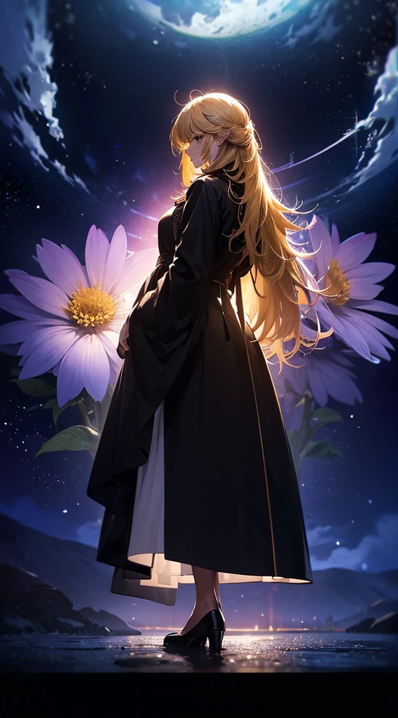 １people々々々々々々々々々々々,Blonde long-haired woman，Long coat， Dress Silhouette， Rear View，Space Sky, Flower Field，Colorful flowers