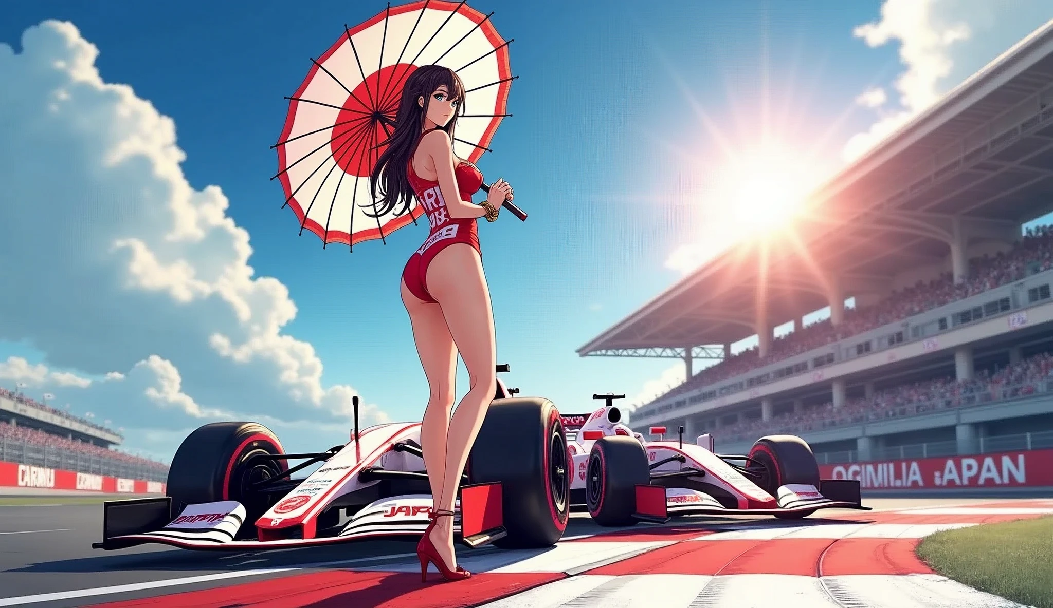F1 race circuit. Race cars have the word JAPAN on them. A young Japanese race queen is standing in front of a race car holding a Japanese flag parasol. Her costume is separates with the word JAPAN on it. She is wearing a bangle on her arm. The background is beautiful and shining under the summer sun. Anime style. View from afar. Her beautiful legs are attractive, and her whole body from head to toe. She is wearing high heels.