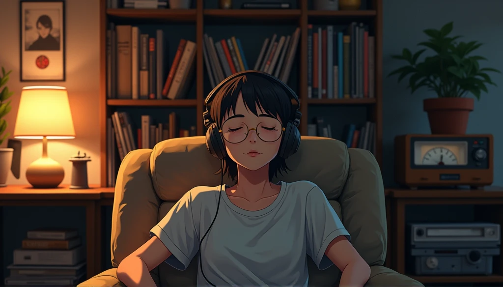night、Listen to music in a cozy room, Using headphones, 2D-style animation, Lo-Fi, Very detailed, hard disk、Makoto Shinkai style