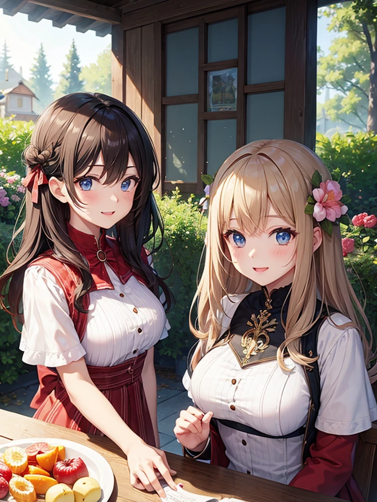 (masterpiece:1.5),(Beat quality),(high res),2girls,beautiful face,smile(shining eyes),upper body,light effects,A plainclothes woman and her sister,garden