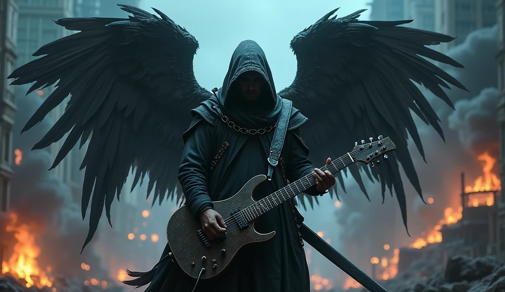 realisitic, 4K, A fallen angel with big wings, a sword, electric guitar in his hand, a hood over the head in the background image of a war in the city at night (haos)
