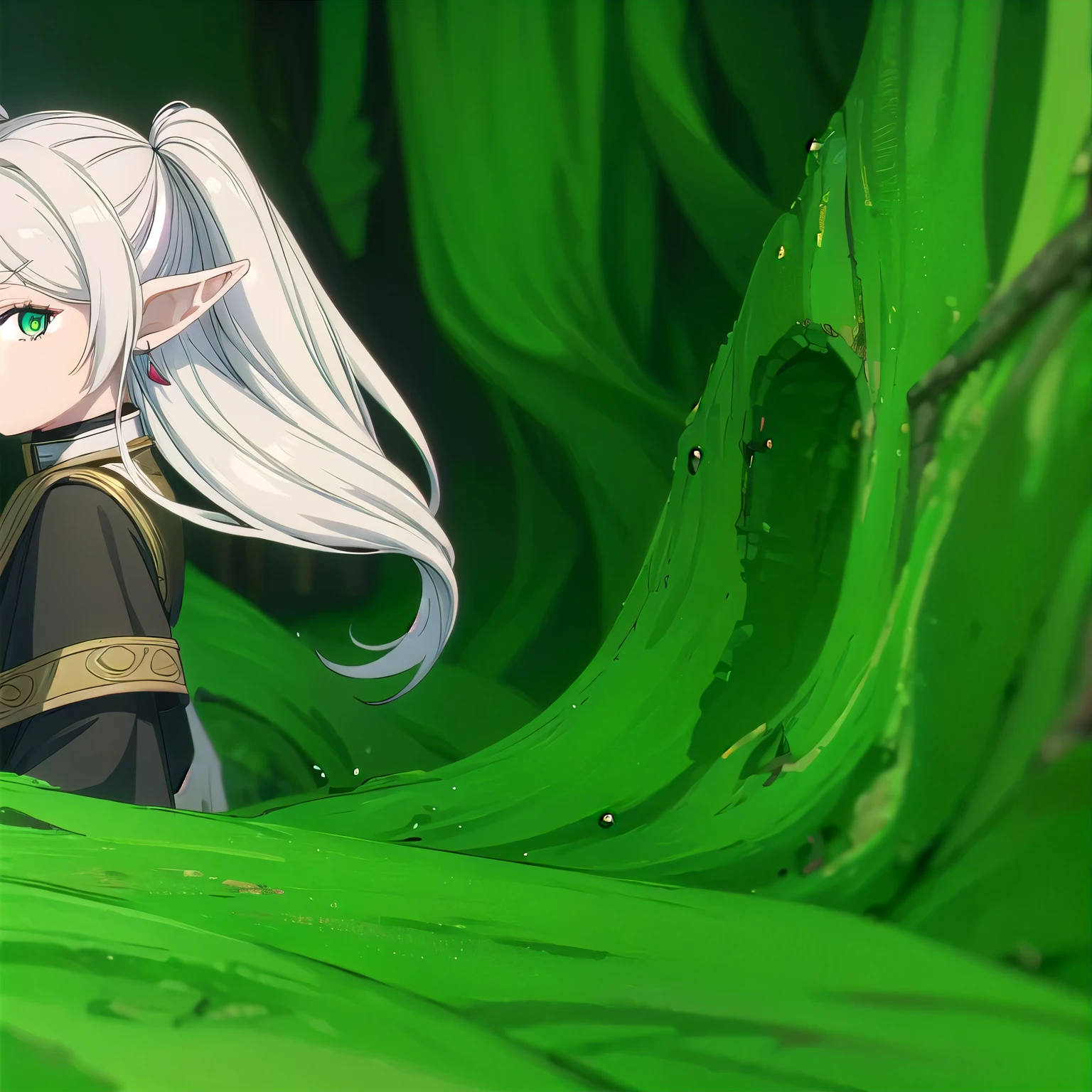 1girl, Frieren, (masterpiece:1.3), (high resolution), (extremely detailed),perfect face, nice eyes and face, (best quality), (super detailed), detailed face and eyes, (solo), textured skin, absurdres, highres, wz_sousou_no_frieren_style, wz_sousou_no_frieren_style, twintails, very long hair, silver hair, pointy ears, elf, white capelet, green eyes, black pantyhose, earrings, white skirt, belt, white sleeves, pov, selfie, butterfly, grass, stone street