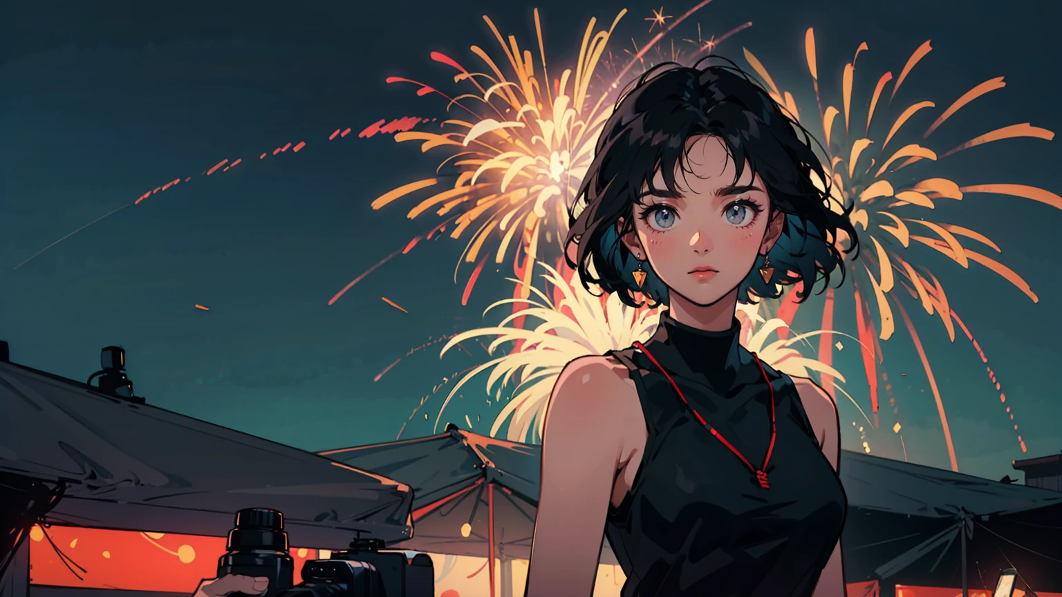 Upper body shot, sultry heartbroken woman, left-aligned. Turning to camera, melancholy yet defiant expression. Revealing, disheveled tank top. Tousled hair. Tokyo summer festival background. Vibrant fireworks dominate night sky. Distant, indistinct festival-goer silhouettes. Fireworks' glow illuminates woman's skin. Stark contrast between celebratory atmosphere and woman's mood.