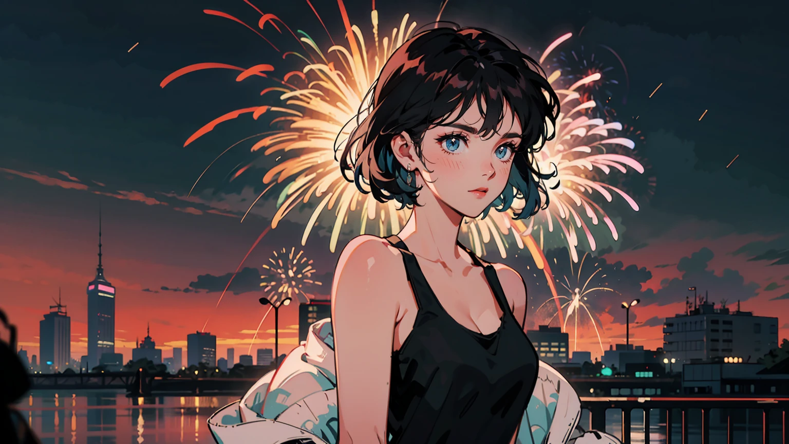 Upper body shot, sultry heartbroken woman, left-aligned. Turning to camera, melancholy yet defiant expression. Revealing, disheveled tank top. Tousled hair. Tokyo summer festival background. Vibrant fireworks dominate night sky. Distant, indistinct festival-goer silhouettes. Fireworks' glow illuminates woman's skin. Stark contrast between celebratory atmosphere and woman's mood.