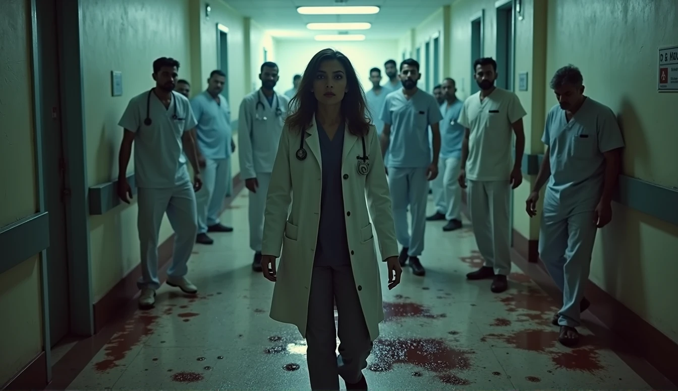In a hospital (Hospital name R G Medical College) where few mens (they are cruel ) are harassing a female doctor . Blood everywhere.
'All Eyes On Kolkata' - this sentence must be on photo