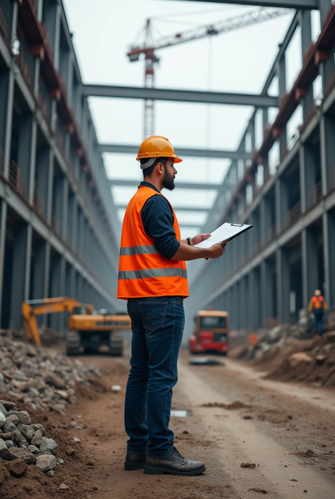 Structural engineer monitoring the construction work of Steel structure building at site