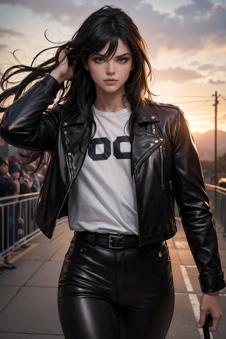 (Concept Art), masterpiece, Highest quality, Realistic, 8K RAW Photos, Tarot Card Style, Absurd iris texture, Accurate anatomy, To the audience, Cowboy Shot, (Realistic:1.5) , Perfect body, Attractive face、,Perfect Face,, 19 years old、((Kadoma Daio)),,美juvenile、Mature Face、Wide-set eyes,A tough climb、Three white eyes、Michael Jackson Style、Sharp Eye、very wide eyes、White skin and dark hair、((neutral))、Long Hair、Center parted hair、Disheveled Hair、The bangs cover the right eye、Long legs、black eye, Long legs, Long black hair, Edge lighting,、Slender body、juvenile、Tight waist、Rock Stage、grabbing a microphone、Bow legs、leather jacket、Leather pan、Leather Jumpsuit、male'S、Knee-high boots、Dark fantasy,Rock band backing band、
