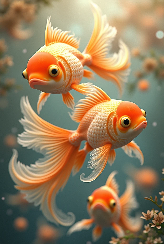 超High resolution, (masterpiece:1.2), Highest quality, High resolution, Attention to detail,Fantasy、Goldfish、Elegant、3Animals、Ranchu、Delicate