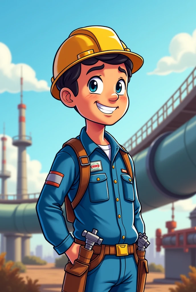 PetroChitural Gas Marketing Company，Worker，Blue tooling，helmet，Standing，Gas pipeline in the background，Cartoon Character