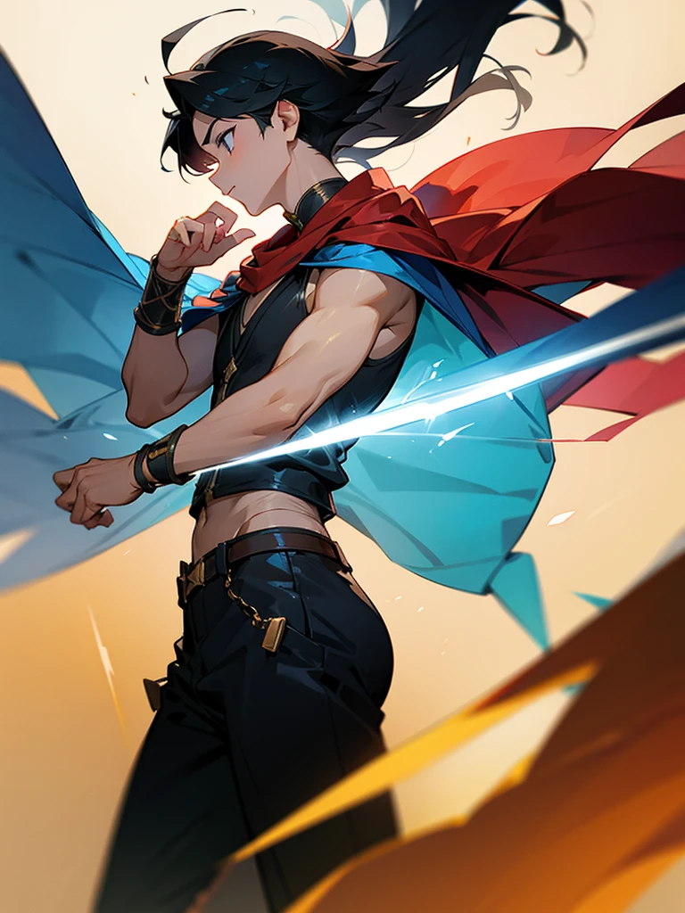 Manga age boy character with a gods bracelet with a sword in front top profile in action