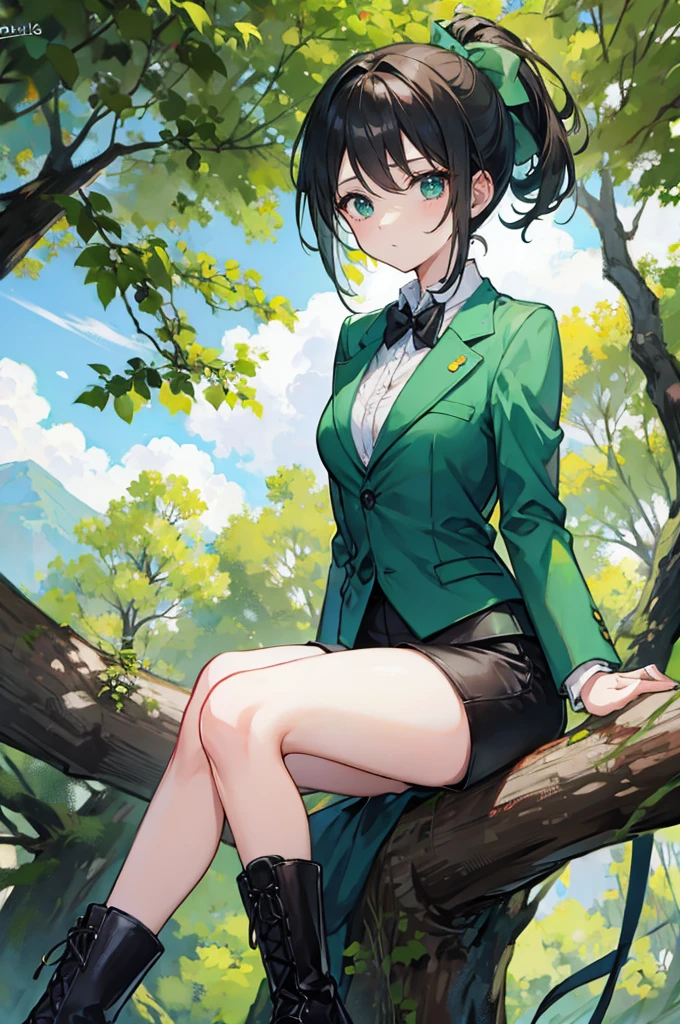 sitting on a high branch of a tree with green leaves、With a green ponytail、He was wearing a green suit jacket, a white shirt, black suspenders and black shorts.、Wearing brown boots、juvenile、